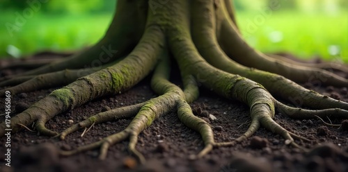 Close-up of intertwined tree roots, textured and earthy, reaching deep into the soil, symbolizing grounding and connection to nature, perfect for mindfulness and meditation imagery , botanical, tree