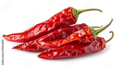 Three vibrant red dried chili peppers are stacked on a white surface, showcasing their wrinkled textures