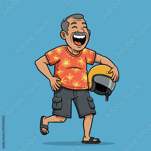 Cheerful cartoon senior man in a Hawaiian shirt and shorts, running happily while holding a helmet.