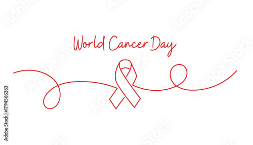 World Cancer Day Red Ribbon Awareness Line Art Illustration