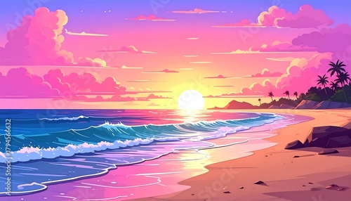 Vivid pink and yellow sunset seascape. Gentle waves meet the sandy shore under a colorful sky
