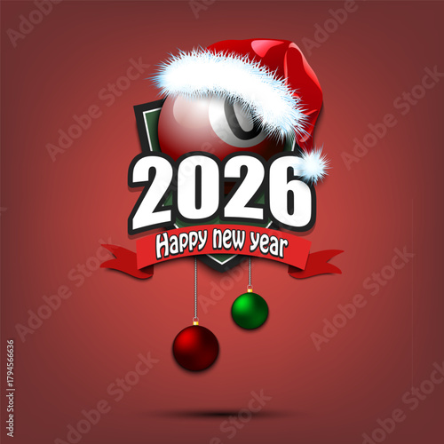Happy new year 2026. Billiard logo template design. Billiard ball in santa hat. Design pattern for greeting card, banner, poster. Vector illustration on isolated background