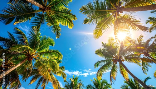 View from below of tall palm trees, with a sunny, bright, cloudless blue sky as the background