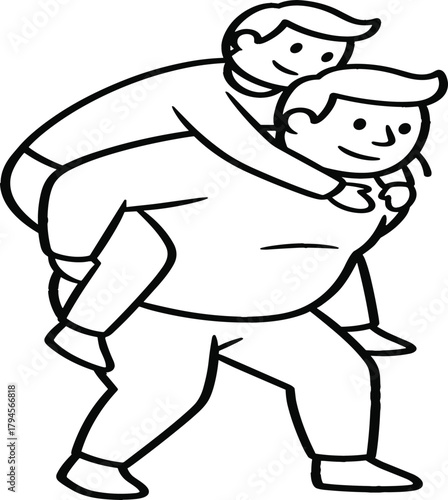 Father and Son Piggyback Ride Line Art Monochrome Vector