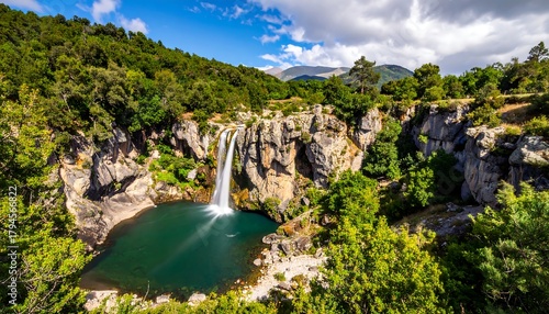 Waterfall cascades into a green pool amidst lush forest and rocky cliffs under a bright, partly cloudy, blue sky