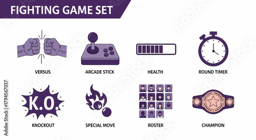 A set of eight purple and white icons representing fighting game elements