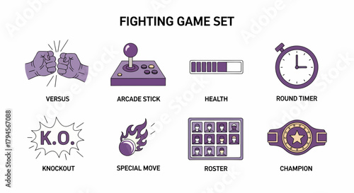 An 8icon set illustrating fighting game elements in purple and beige