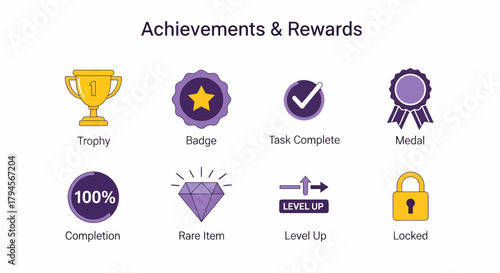 Eight icons illustrating achievements and rewards including a trophy and badge