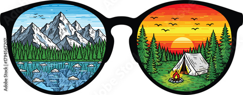 Illustration of a captivating illustration showcases two distinct outdoor scenes reflected in a pair of glasses, one side featuring mountains and a serene lake, the other a sunset camping trip