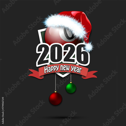 Happy new year 2026. Billiard logo template design. Billiard ball in santa hat. Design pattern for greeting card, banner, poster. Vector illustration on isolated background