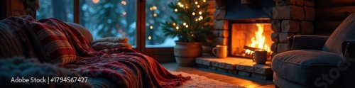 Cozy cabin scene bathed in the warm glow of a fireplace, blankets and mugs adding to the inviting atmosphere of a Canadian night , trees, ambiance