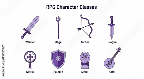 Eight purple icons illustrating various RPG character classes with their associated gear