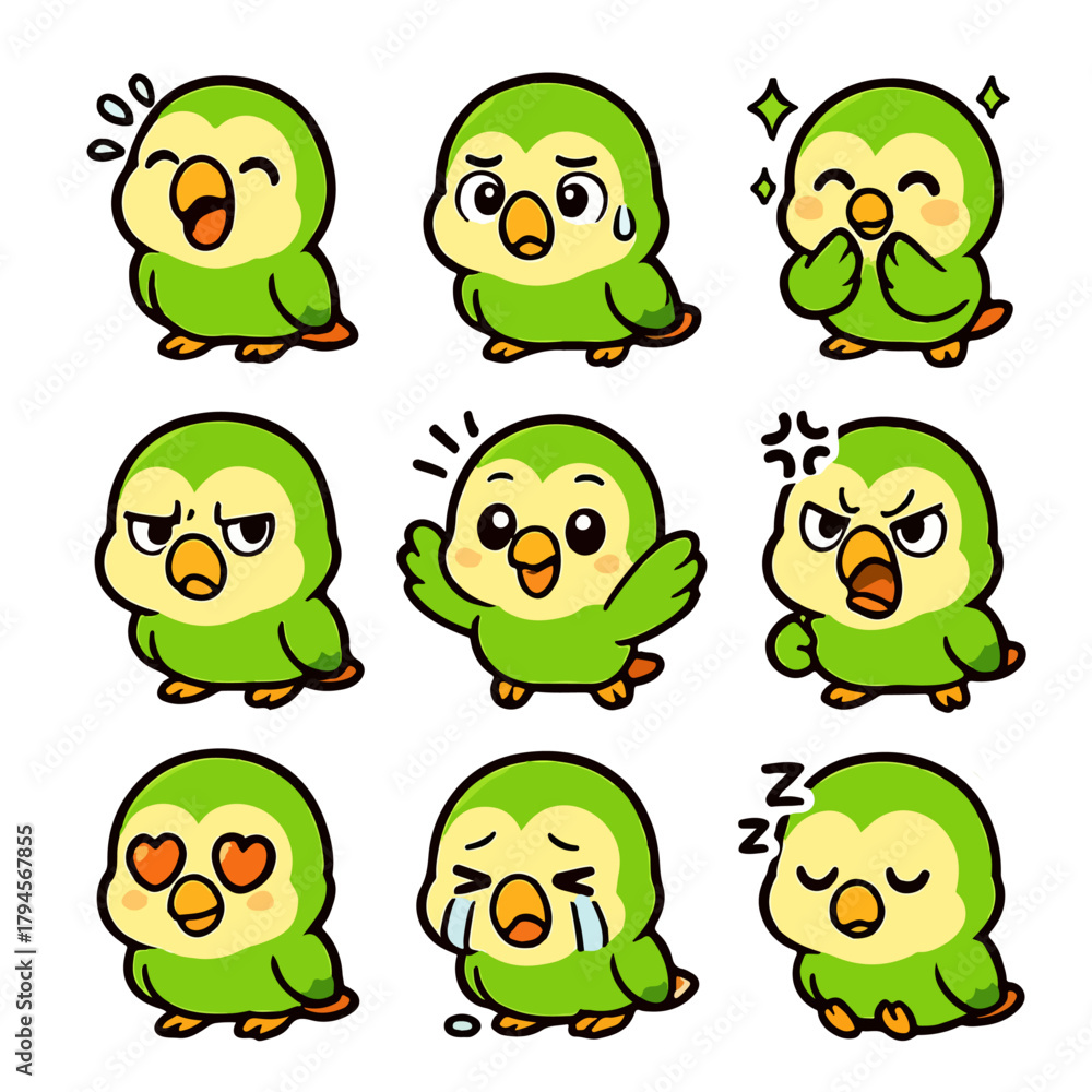Obraz premium A set of cute anime parrots illustrations doing different activities with different expressions.Stickers or badges. Peach-faced Lovebird
