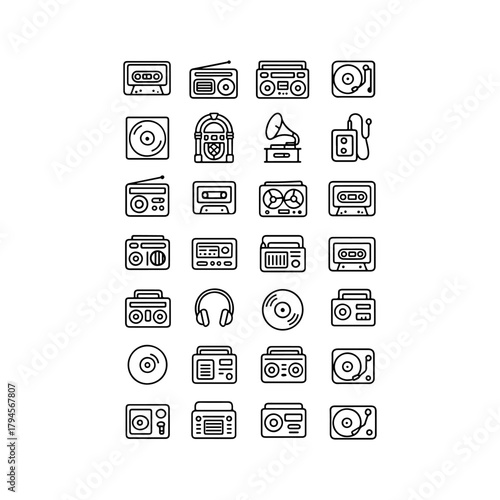 Vintage audio equipment icons collection hand drawn sketch style