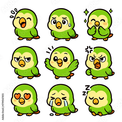 A set of cute anime parrots illustrations doing different activities with different expressions.Stickers or badges. Peach-faced Lovebird
