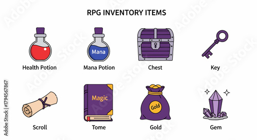 Eight stylized illustrations of roleplaying game inventory items displayed in two rows