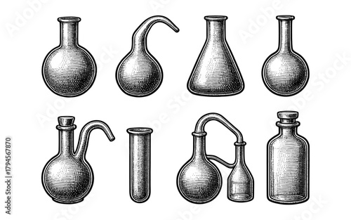 Vintage glass bottles and flasks with retro engraving style