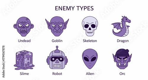 Eight stylized purpletoned fantasy and scifi enemy icons labeled with names
