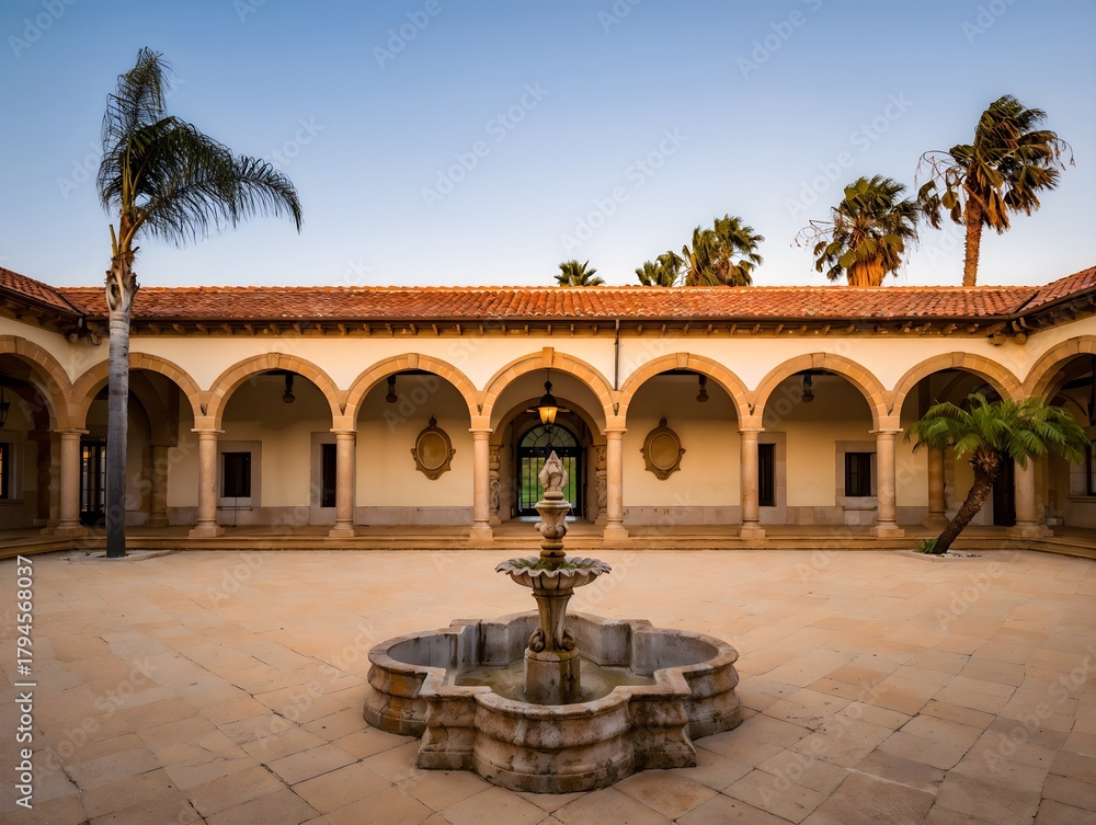 Fototapeta premium Historic spanish colonial courtyard with fountain and palm trees