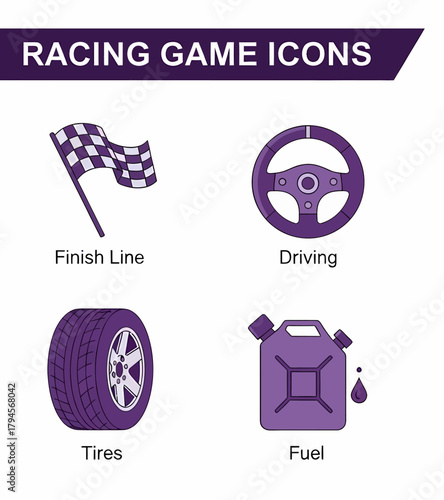 Four purpleoutlined racing game icons flag wheel tire and gas can