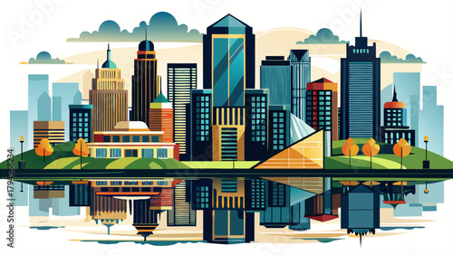 Very beautiful Omaha, Nebraska city skyline silhouette with black buildings and clean reflections on a white background, featuring simplified architectural shapes, balanced composition, and a modern t