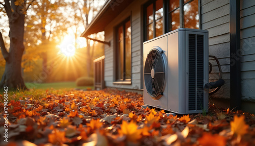 Air source heat pump unit stands outside modern eco house. Orange, yellow autumn leaves cover ground under warm golden sunset light. System provides renewable energy for efficient home heating,