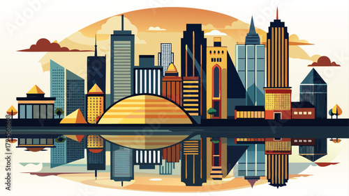 Very beautiful Omaha, Nebraska city skyline silhouette with black buildings and clean reflections on a white background, featuring simplified architectural shapes, balanced composition, and a modern t