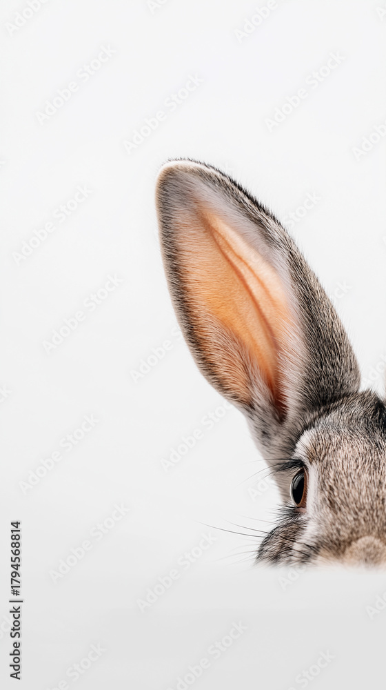 Obraz premium Close-up of a rabbit peeking from the side against a white background. 