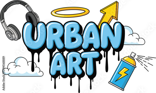 Illustration of urban art design with headphones, halo, arrow, clouds, and spray can is a vibrant and modern illustration style art