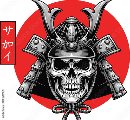 Illustration of samurai skull warrior with helmet and red sun is a striking illustration of japanese culture and martial arts tradition