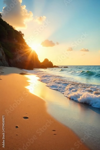 Golden hour sunlight bathes a pristine beach, the gentle waves lapping at the shore, creating a serene coastal scene Perfect for travel, vacation, or nature themes , vacation, landscape, calm