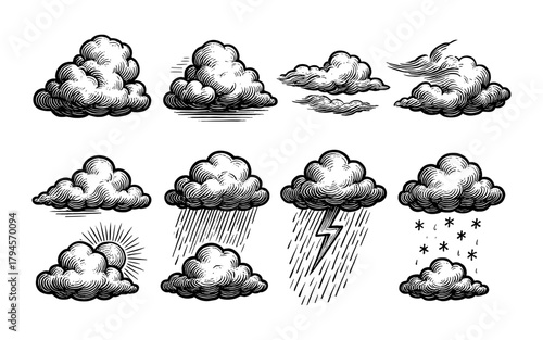 Vintage style hand-drawn weather cloud set with various conditions