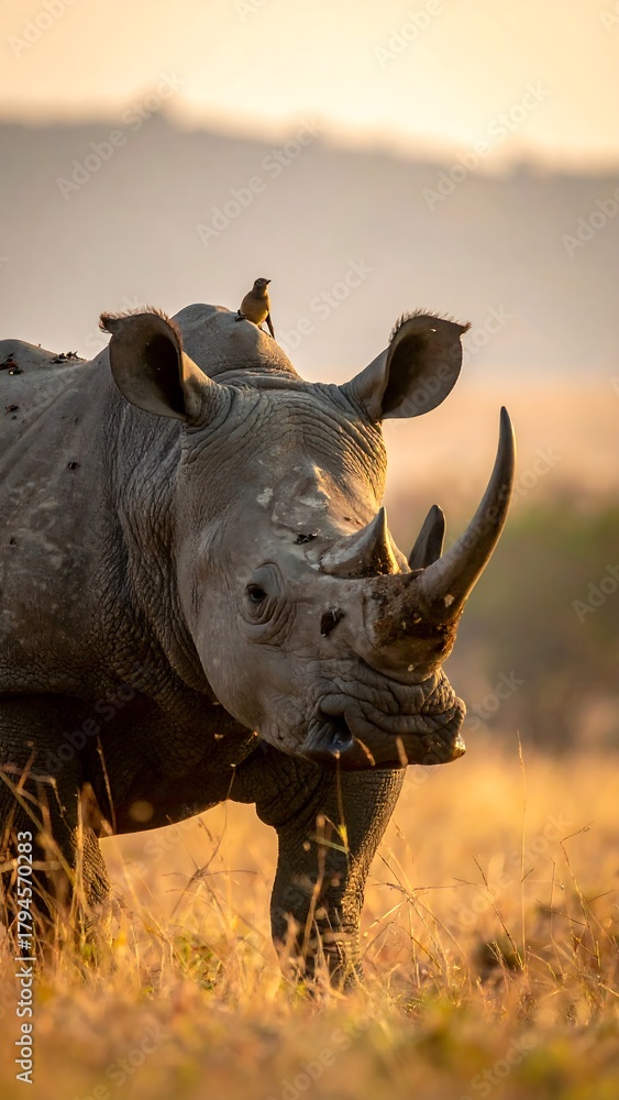 Fototapeta premium A large, grey-skinned rhino with a prominent horn stands in a sunlit field, a bird perched on its back. Golden light bathes the scene