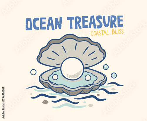 Ocean Treasure Clam Design.Vintage Pearl in Shell Graphic.Coastal Bliss Retro Illustration.Hand-Drawn Oyster and Jewel.Sea Life Summer T-Shirt Print