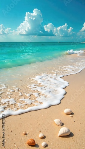 Golden sand meets turquoise water on a pristine, untouched natural beach  Seashells scattered along the shore, gentle waves lapping the sand  Perfect for relaxation and tranquility , scenic, ocean