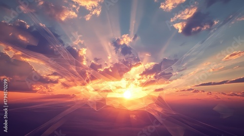 Beautiful sunset with colorful rays glowing through the clouds at dusk, creating a stunning evening scene in nature.