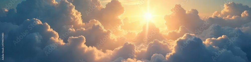 Fototapeta premium Heavenly light streams through clouds, illuminating a majestic, ethereal landscape Perfect for religious, spiritual, or fantasy projects needing a divine backdrop , spiritual, belief