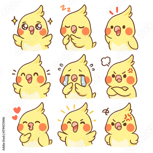 A set of cute anime parrots illustrations doing different activities with different expressions.Stickers or badges. Cockatiel