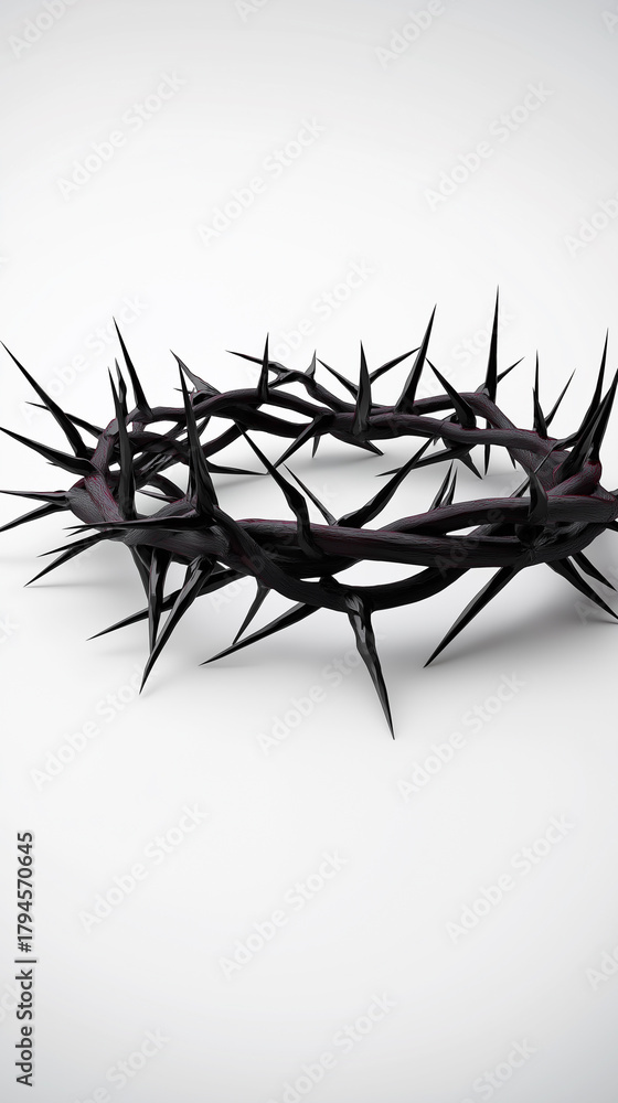 Fototapeta premium Black crown of thorns with sharp spikes placed on white background. 