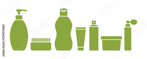 Vector icons representing beauty, cosmetics, and personal care. Includes a bottle, jar, shower gel, face cream, body lotion, spray, ointment, and paste.