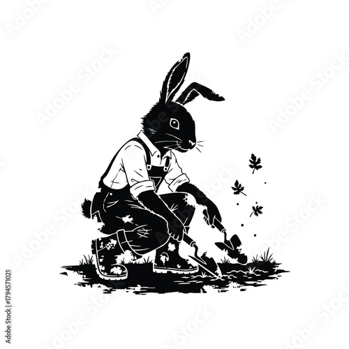 Black and white vector illustration of rabbit gardening planting in garden