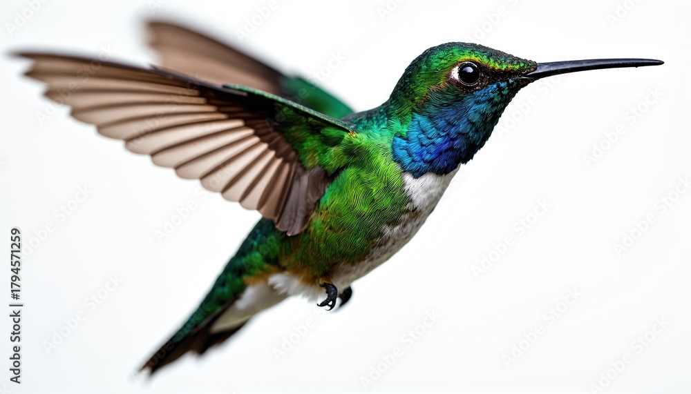 Fototapeta premium Vibrant green hummingbird flies with outstretched wings. Tiny bird hovers in mid air, showing iridescent blue feathers on head, chest. Long black beak points forward for nectar. Exotic wild creature