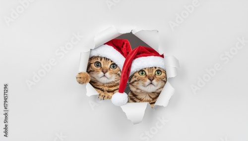 Fototapeta Naklejka Na Ścianę i Meble -  Festive cats in santa hats holiday home animal photography cozy interior playful perspective christmas spirit