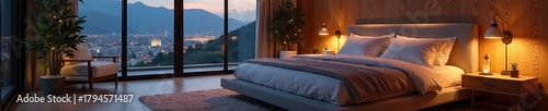 Luxurious master bedroom with soft ambient lighting creating a serene and calming atmosphere Perfect for relaxation and a peaceful night's sleep , furniture, home lighting