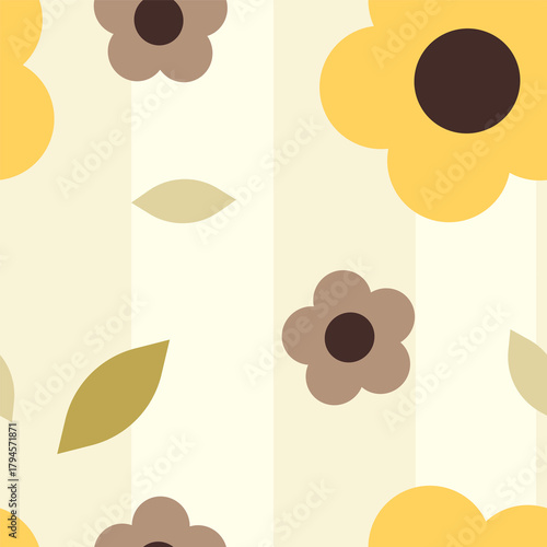 yellow floral and autumn leaf on striped beige background seamless pattern 