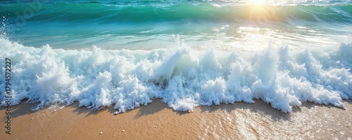 Ocean waves crashing on a sandy shore, creating white foam and textured water  The sun shines brightly, illuminating the dynamic movement of the sea ,  sunlight,  trough