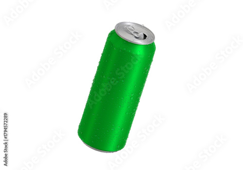 Open green Aluminum soda can with water drops, transparent background