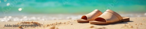 Relaxing beach scene featuring a pair of stylish sandals resting on warm sand, ocean waves gently lapping in the background Perfect for travel, summer, and vacation themes , coast, summer, golden