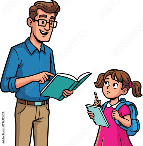 Cartoon teacher and student, man explaining with book, schoolgirl listening, learning moment, educational guidance, classroom theme, vector illustration