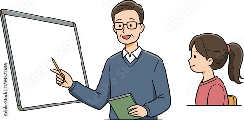 Cartoon teacher explaining lesson to student at whiteboard, classroom education, learning interaction, tutoring, school scene, vector illustration